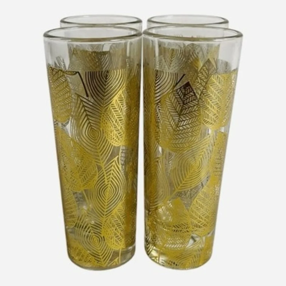 Vintage TMD Holdings Gold Tone Leaf Pattern Highball Glasses Set of 4 Shots EXC